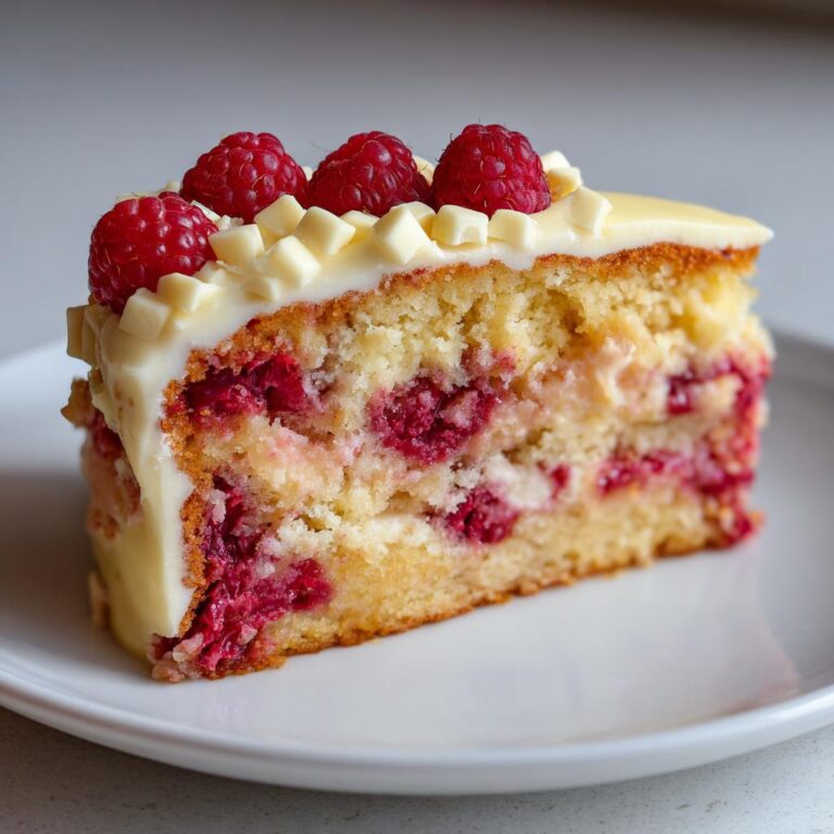 A slice of Himbeerkuchen mit weißer Schokolade, topped with fresh raspberries and white chocolate pieces.