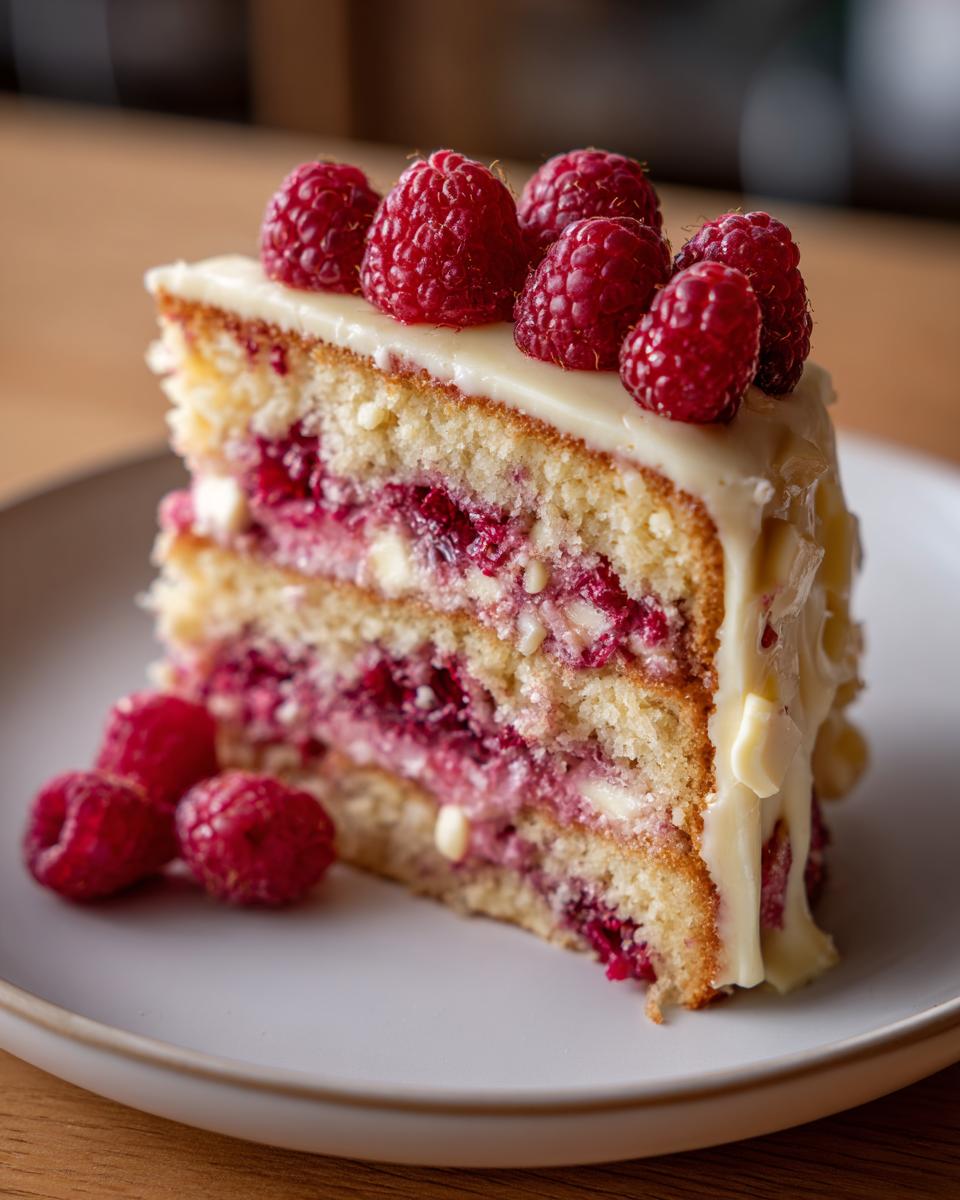 A slice of Himbeerkuchen mit weißer Schokolade, topped with fresh raspberries and white chocolate drizzle.