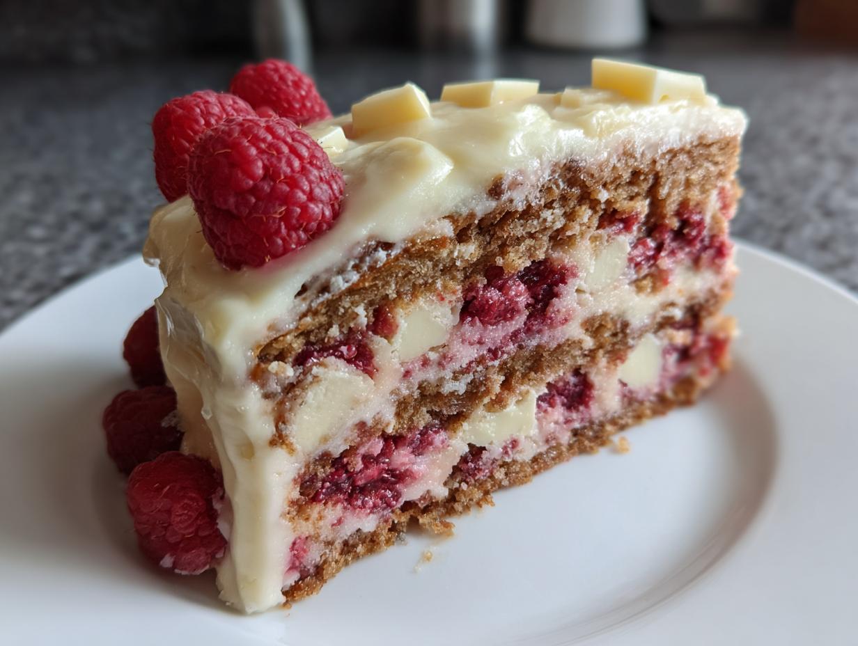 A slice of Himbeerkuchen mit weißer Schokolade, showcasing layers of cake, raspberries, and white chocolate.