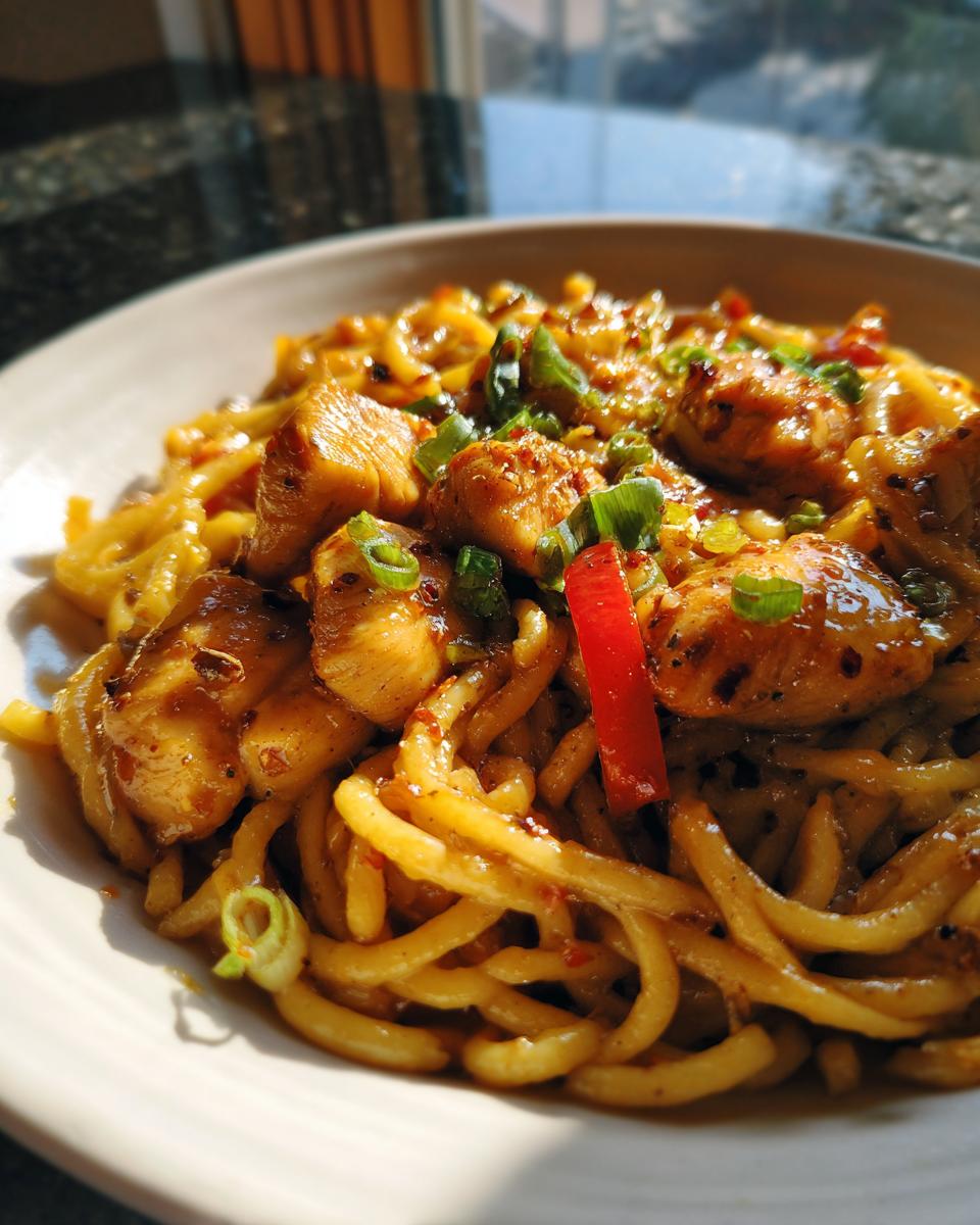 Close-up of Honig-Pfeffer-Hühnchen-Pasta with chicken, pasta, peppers, and green onions.