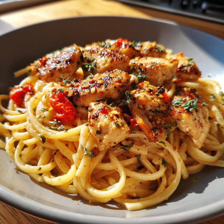 Close-up of Honig-Pfeffer-Hühnchen-Pasta, showing chicken, pasta, herbs, and red pepper flakes.