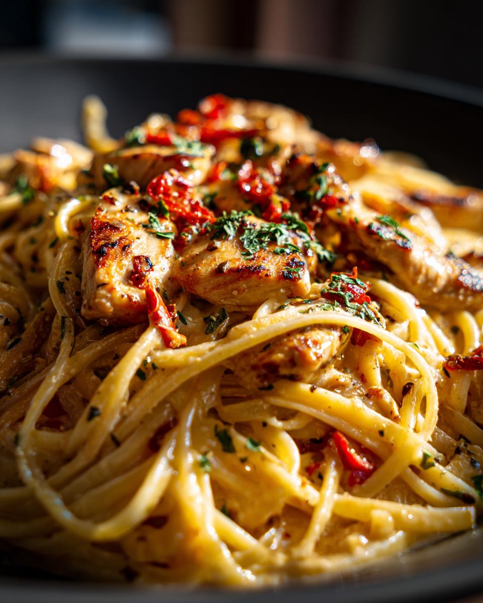 Close-up of Honig-Pfeffer-Hühnchen-Pasta with grilled chicken, herbs, and sun-dried tomatoes.