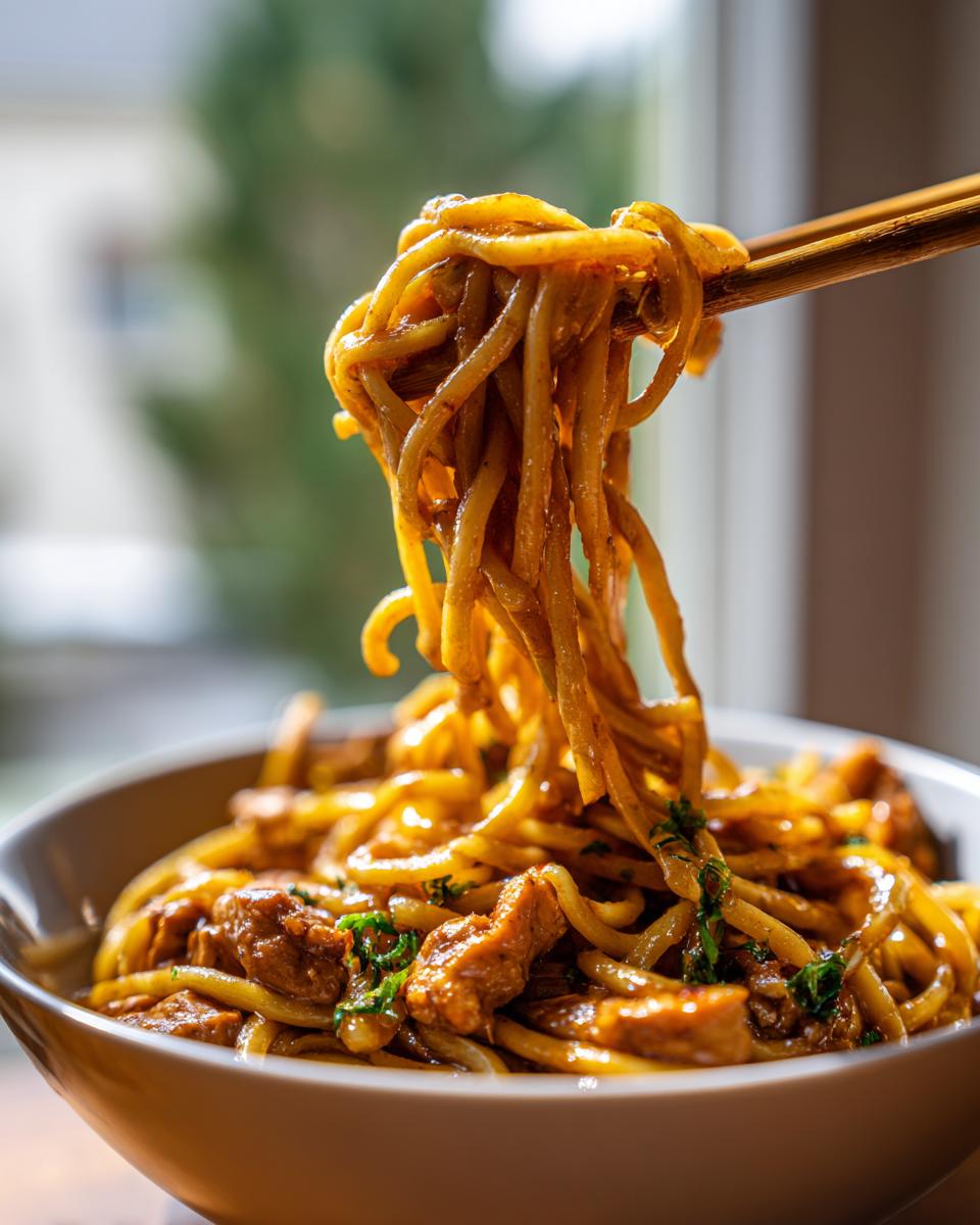 Close-up of Honig-Pfeffer-Hühnchen-Pasta being lifted with chopsticks, showing chicken and pasta.