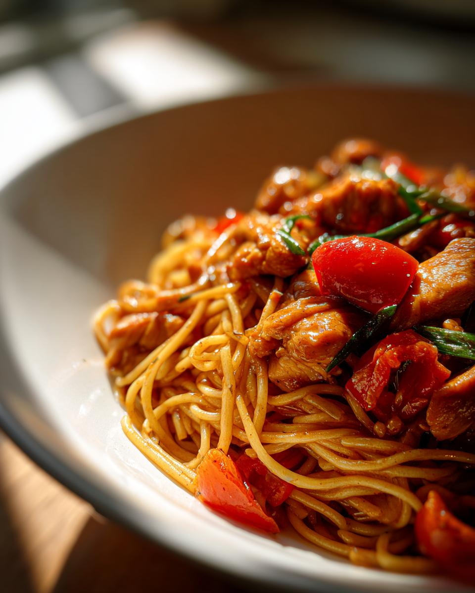 Close-up of Honig-Pfeffer-Hühnchen-Pasta dish with chicken, pasta, tomatoes, and green onions.