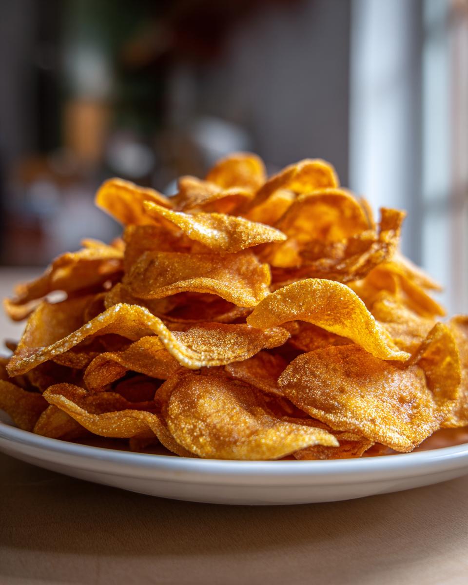 Pile of golden brown Hüttenkäse-Chips Rezepte on a white plate, ready to be enjoyed as a snack.