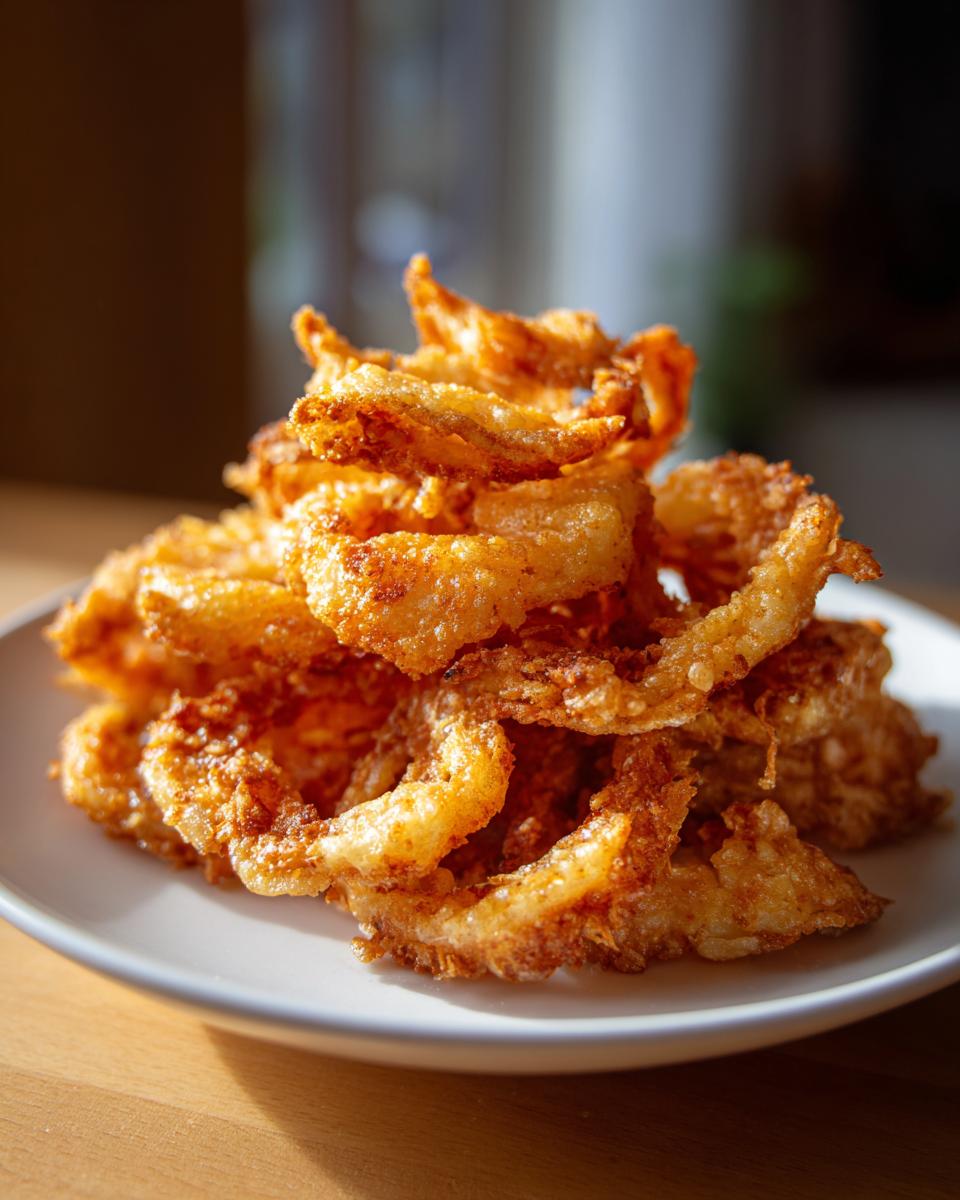 A stack of golden brown, crispy Hüttenkäse-Chips rezepte on a white plate, ready to eat.