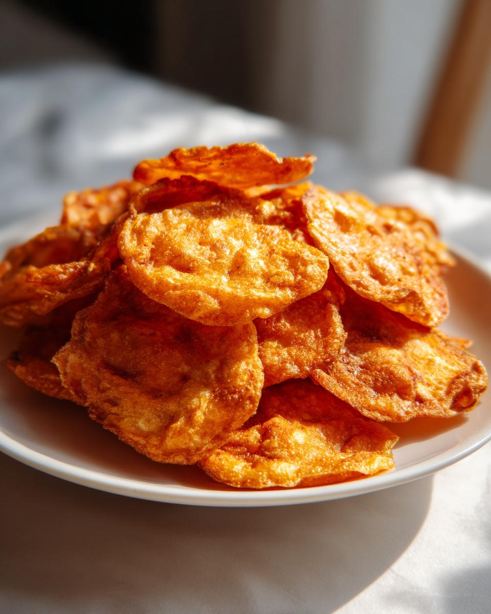 A stack of golden brown Hüttenkäse-Chips Rezepte on a white plate, illuminated by natural light.