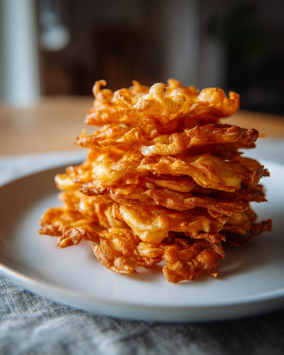 A stack of golden brown Hüttenkäse-Chips Rezepte on a white plate, ready to be enjoyed as a snack.