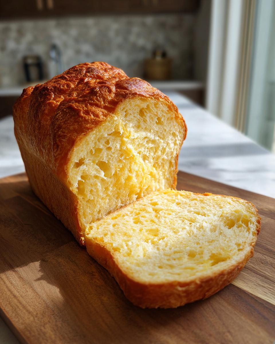 Ein Laib frisch gebackenes Joghurtbrot ohne Kohlenhydrate mit einer aufgeschnittenen Scheibe auf einem Holzbrett.