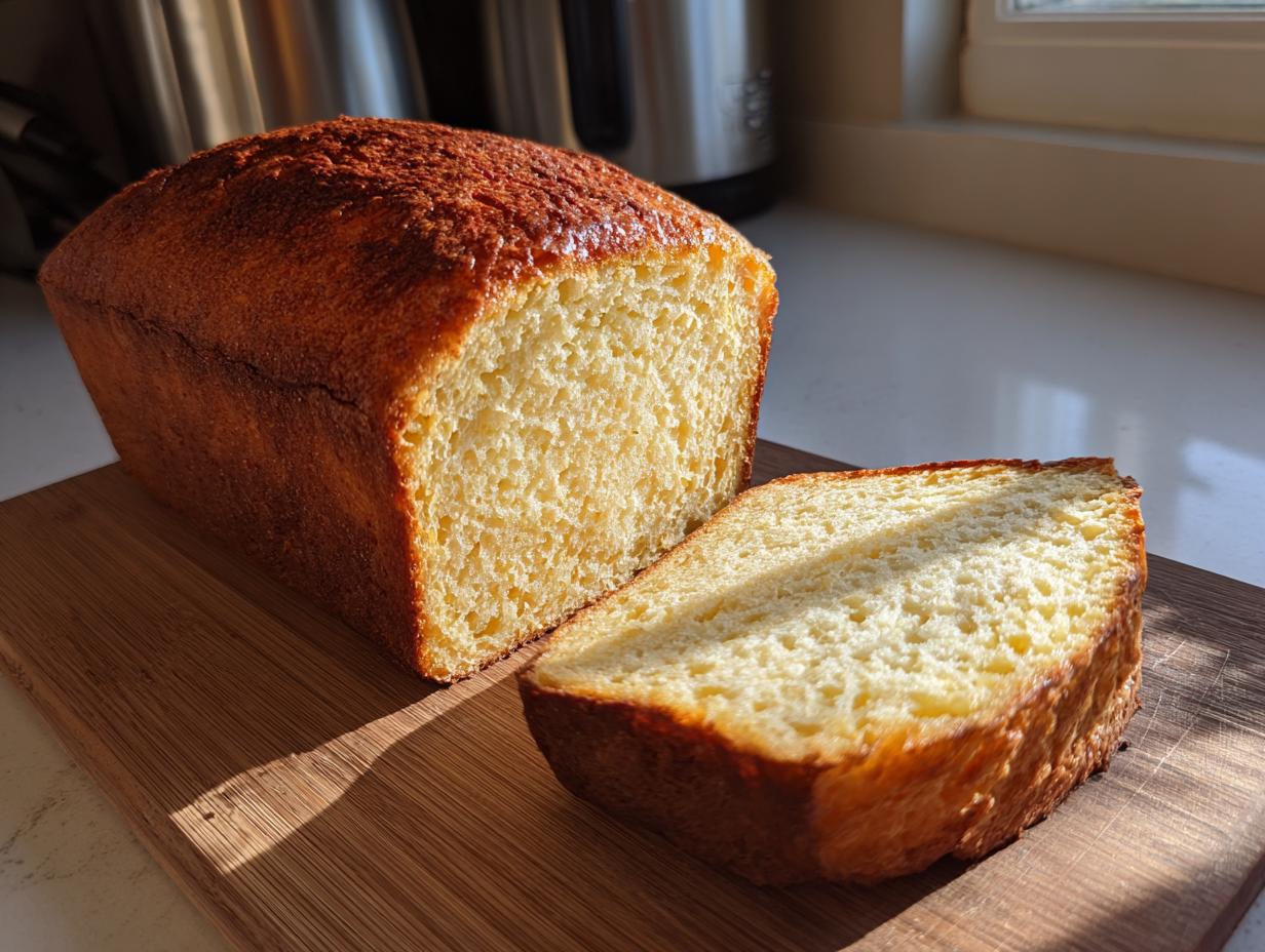 Ein Laib frisch gebackenes Joghurtbrot ohne Kohlenhydrate mit einer Scheibe auf einem Holzbrett.