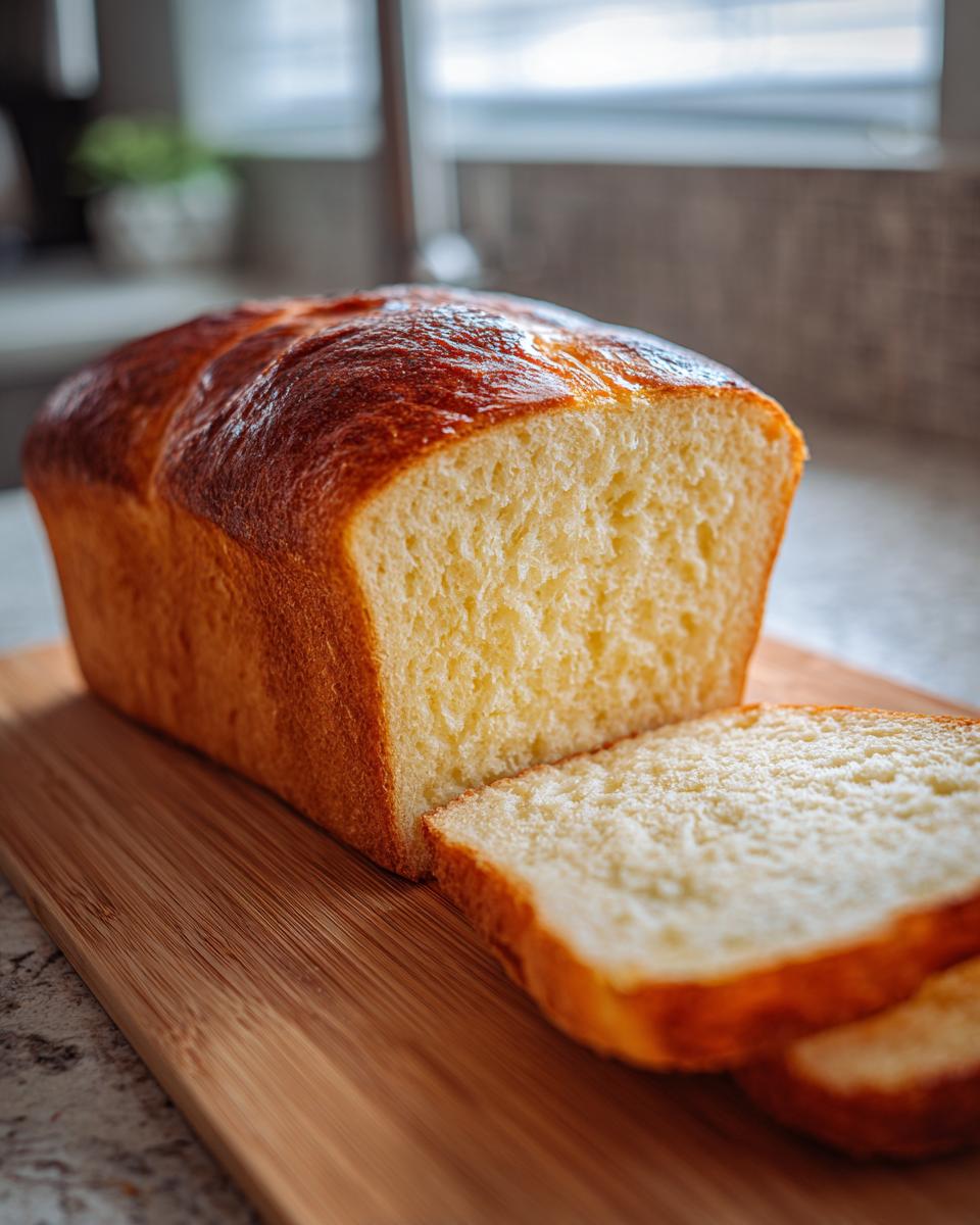 A loaf of freshly baked Joghurtbrot ohne Kohlenhydrate with two slices cut, sitting on a wooden board.