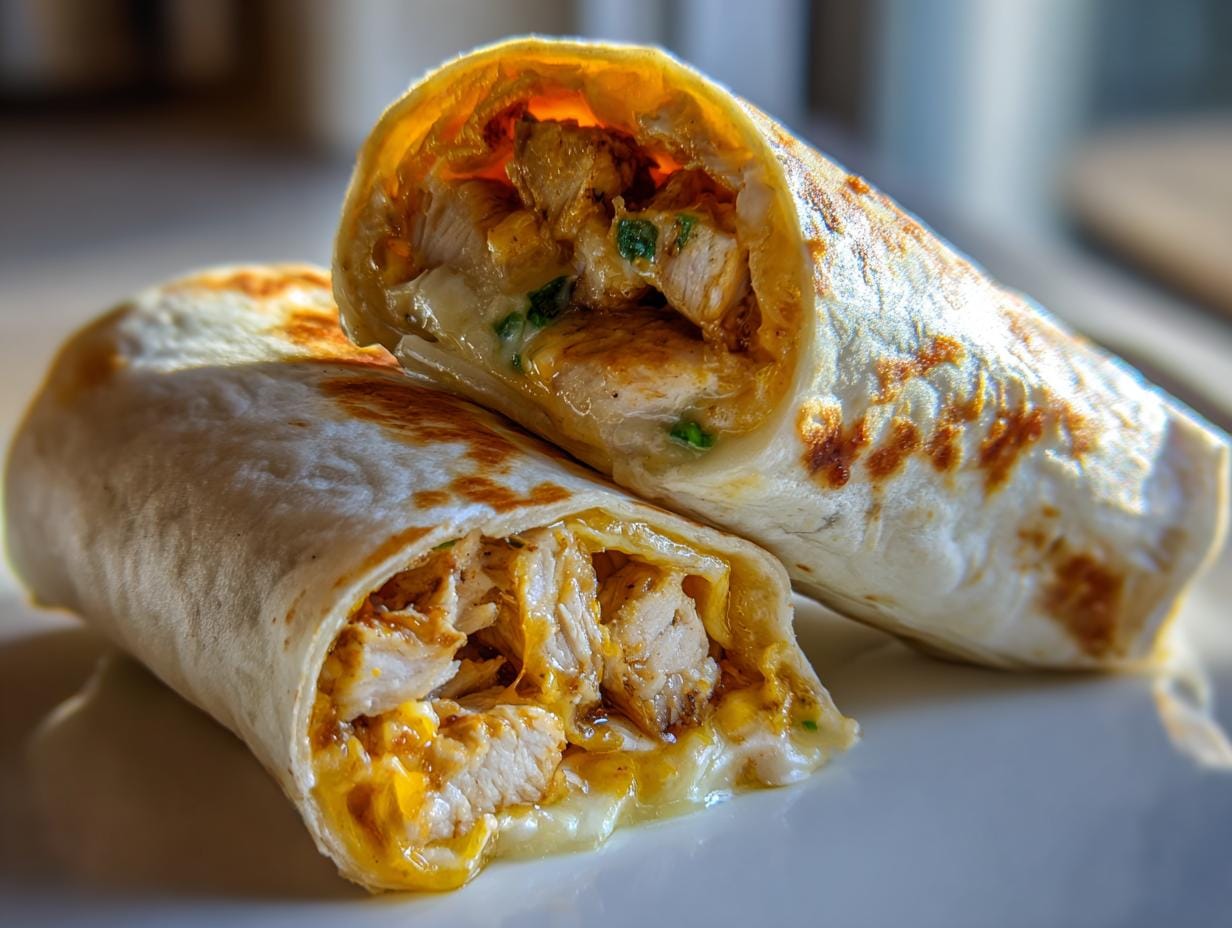 Nahaufnahme von zwei Schnelle Käse-Knoblauch-Hähnchen-Wraps, einer angeschnitten, mit Hähnchen und Käsefüllung.