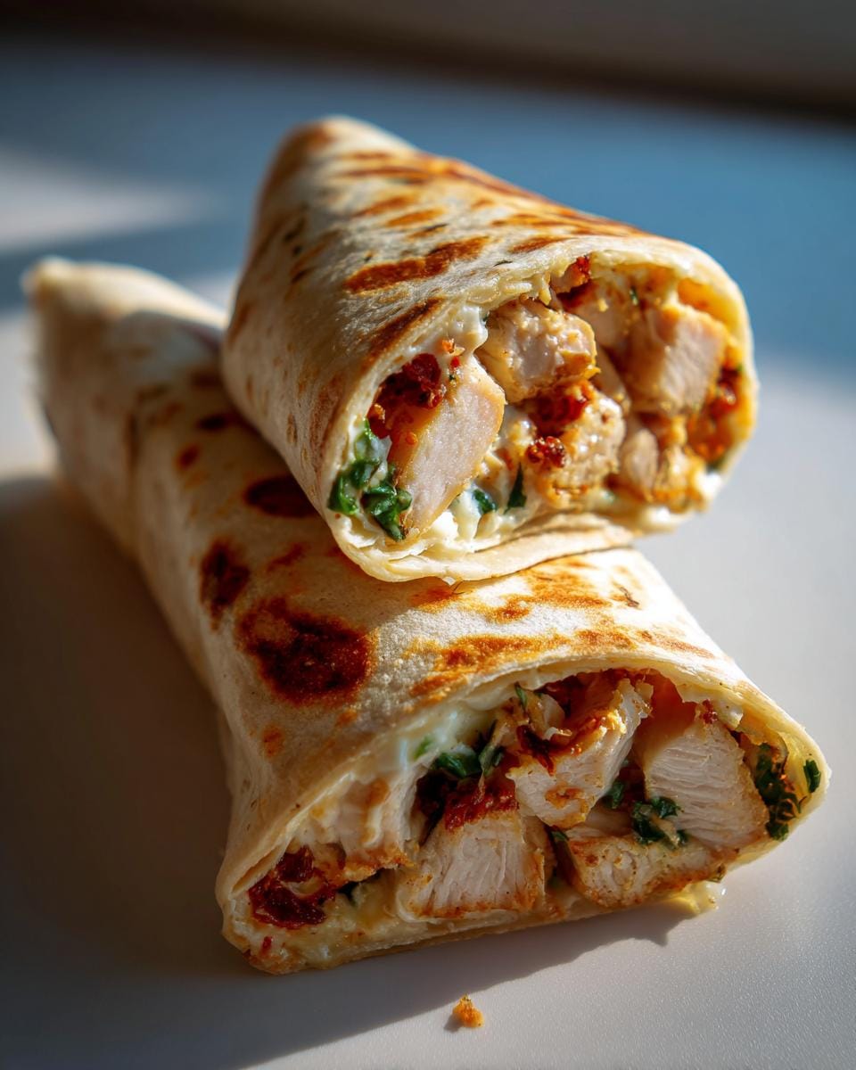 Zwei angeschnittene Käse-Knoblauch-Hähnchen-Wraps, Füllung sichtbar.