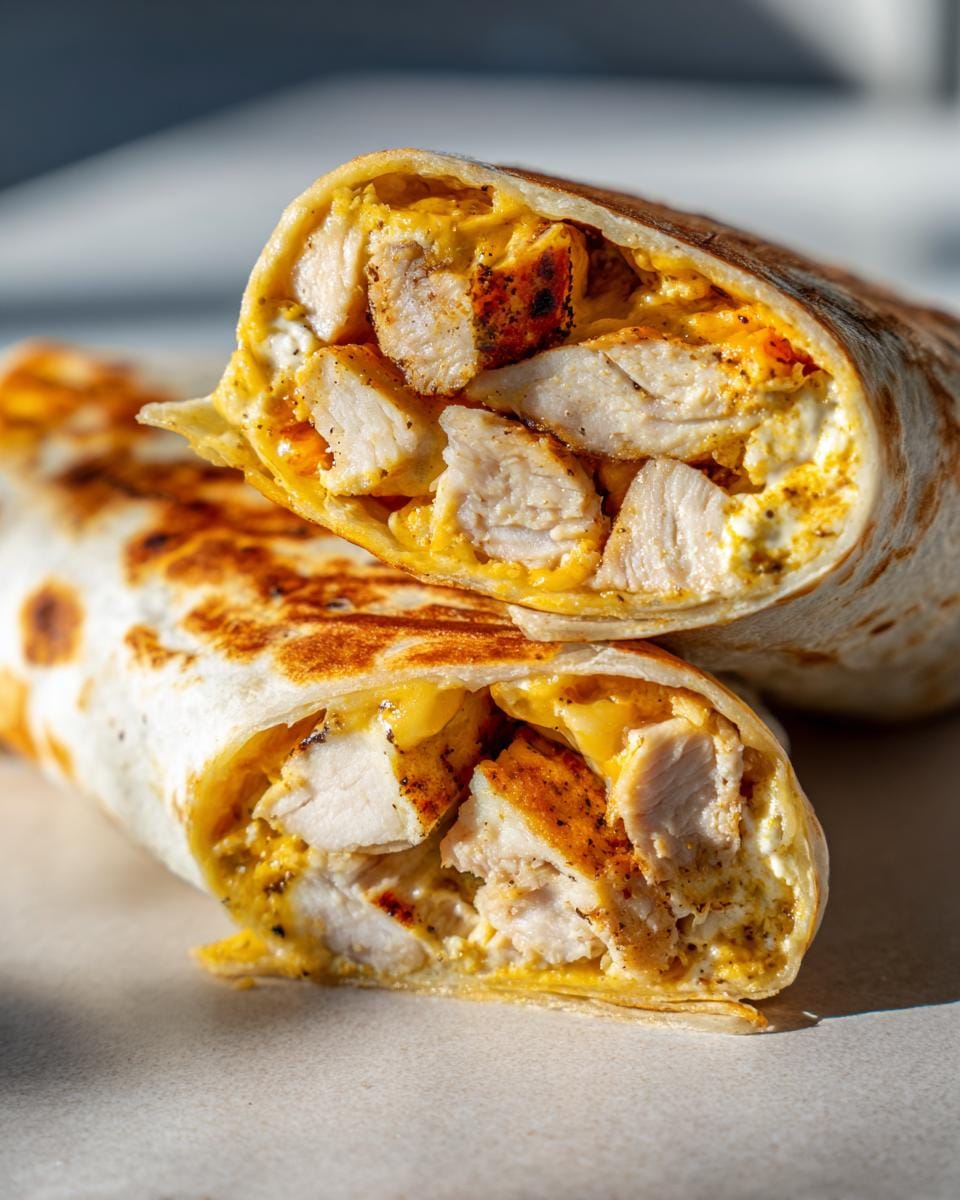 Nahaufnahme von angeschnittenen Käse-Knoblauch-Hähnchen-Wraps mit gegrilltem Hähnchen und Käsefüllung.