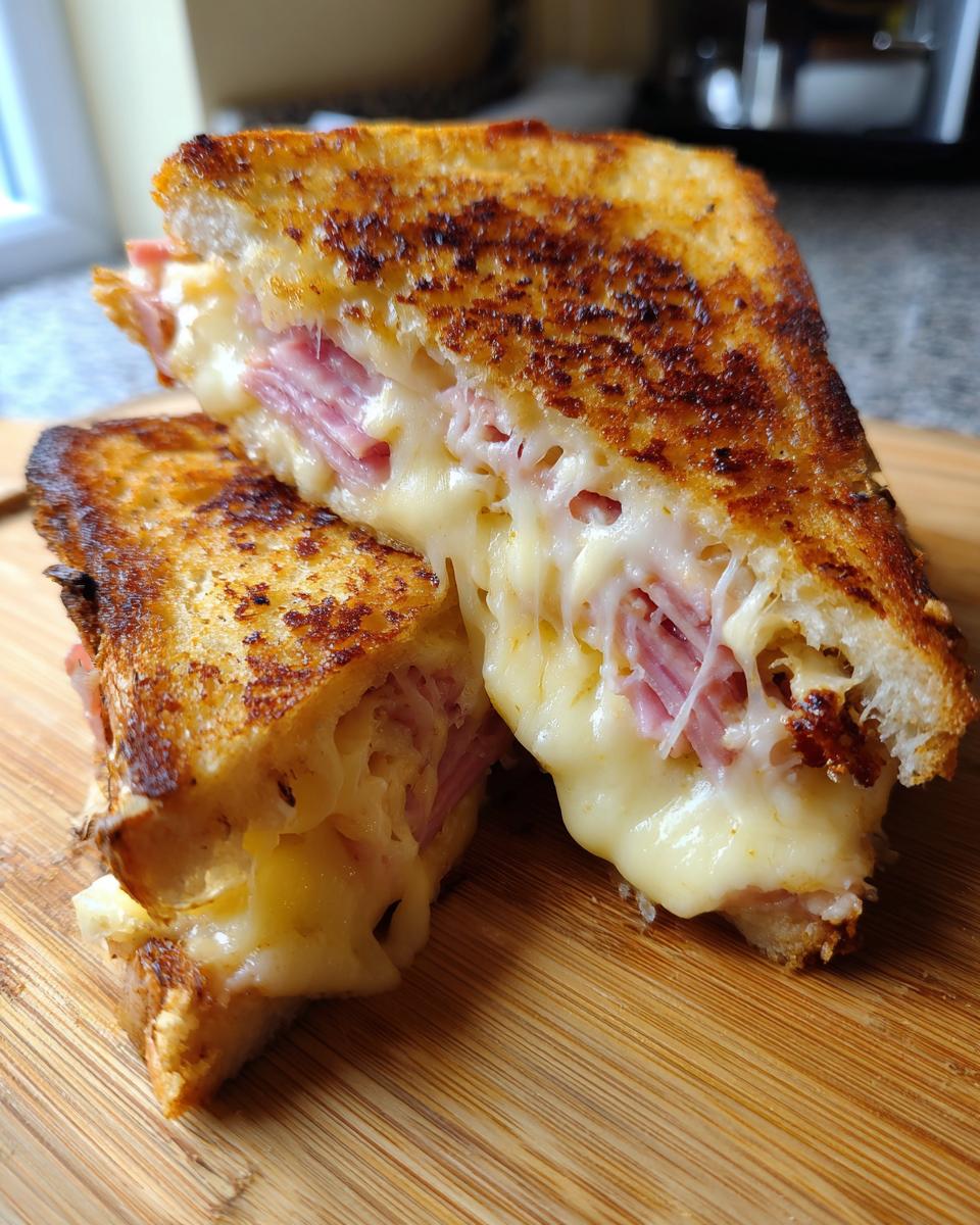 Two halves of a Käse-Schinken-Toasties sandwich with melted cheese and ham on a wooden board.