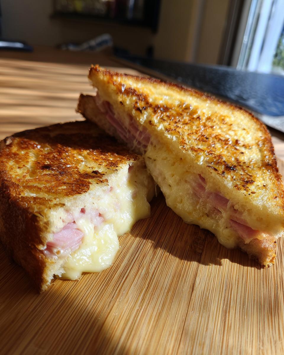 Two halves of a golden brown Käse-Schinken-Toasties sandwich with melted cheese and ham oozing out.
