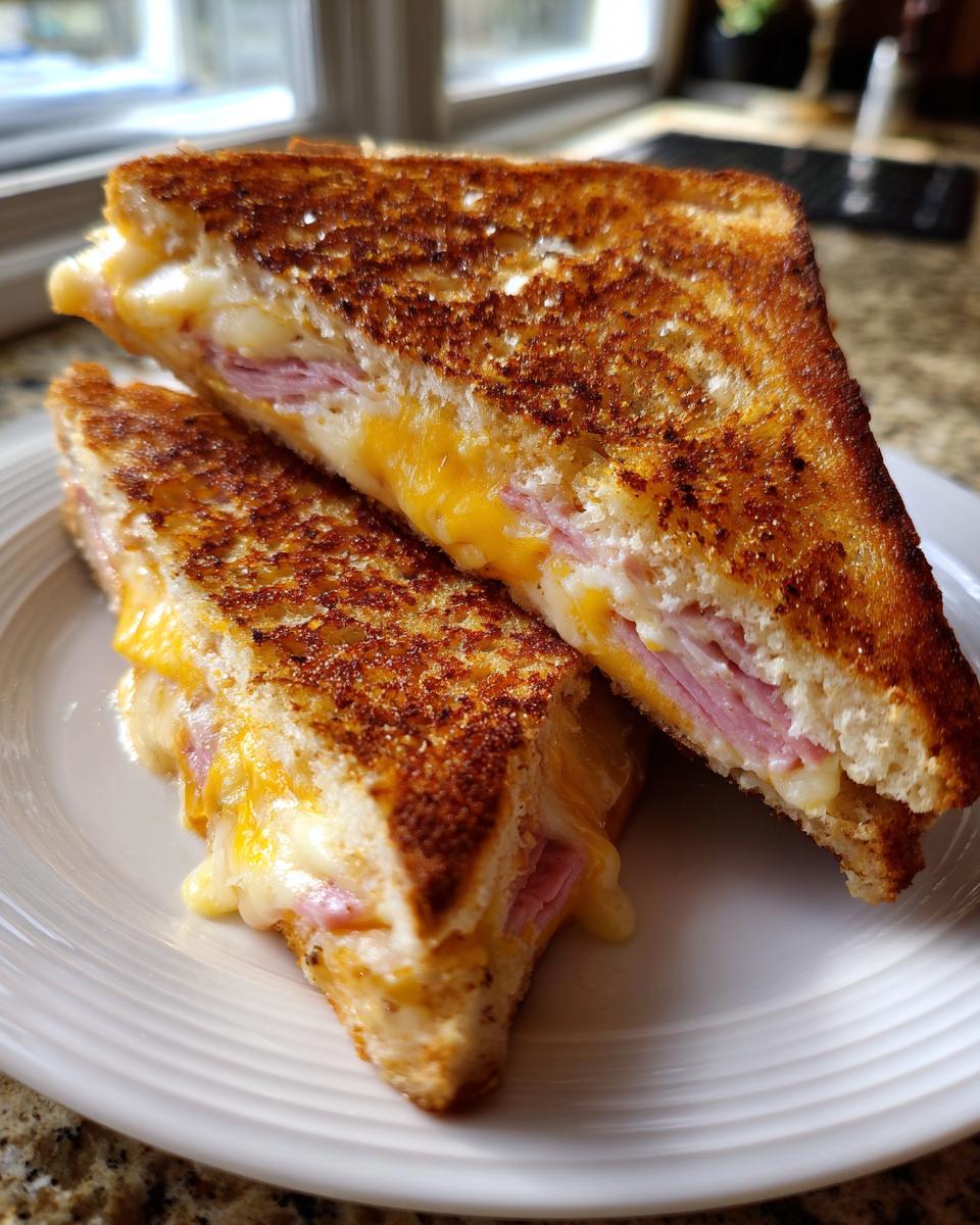 Two halves of a golden brown Käse-Schinken-Toasties sandwich with melted cheese and ham on a white plate.