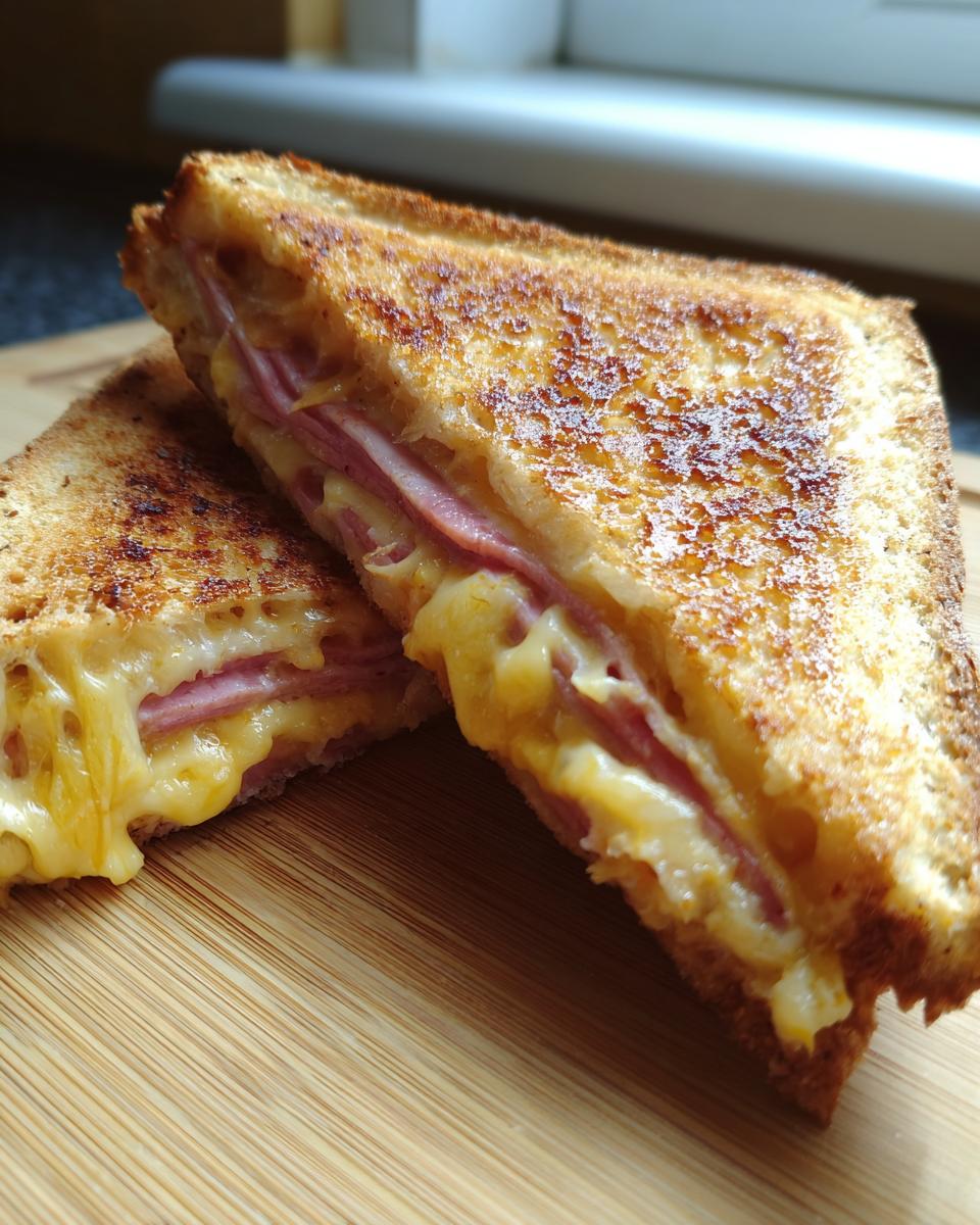 Two halves of a golden Käse-Schinken-Toasties sandwich with melted cheese and ham on a wooden board.