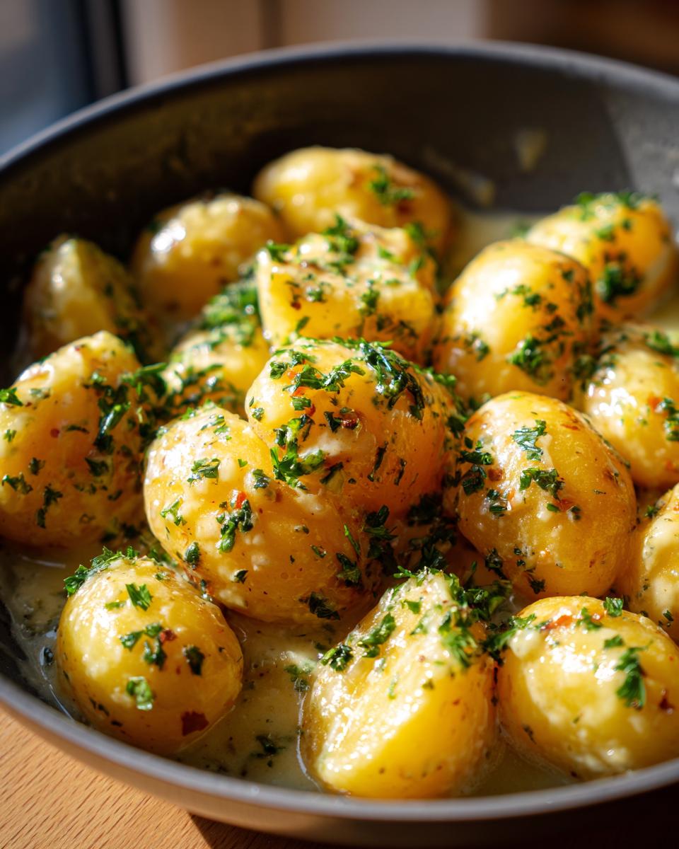 Close-up of Kartoffeln in Knoblauch Sahnesauce, featuring potatoes in a creamy garlic sauce with parsley.