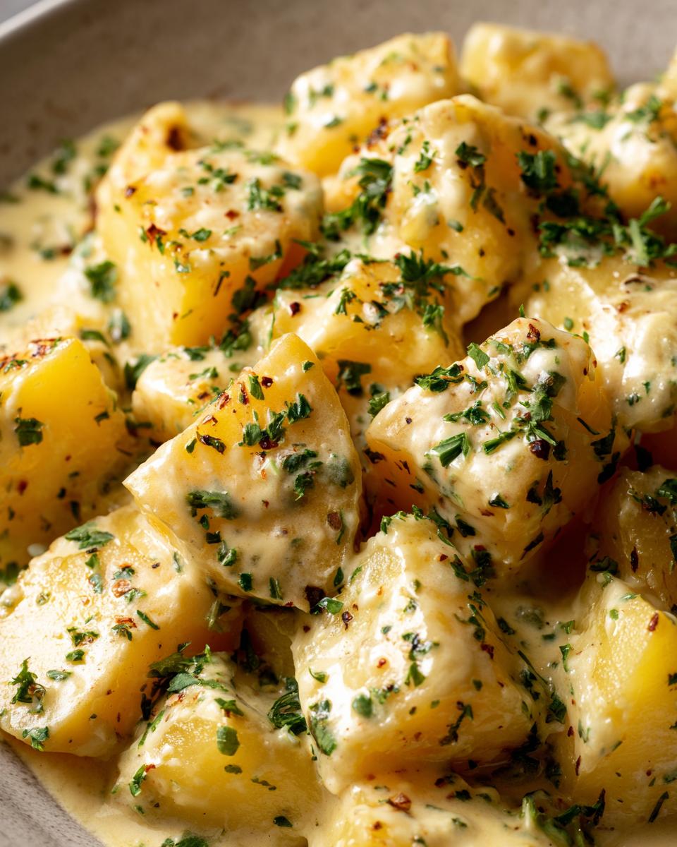Close-up of Kartoffeln in Knoblauch Sahnesauce, showing creamy sauce and fresh parsley.