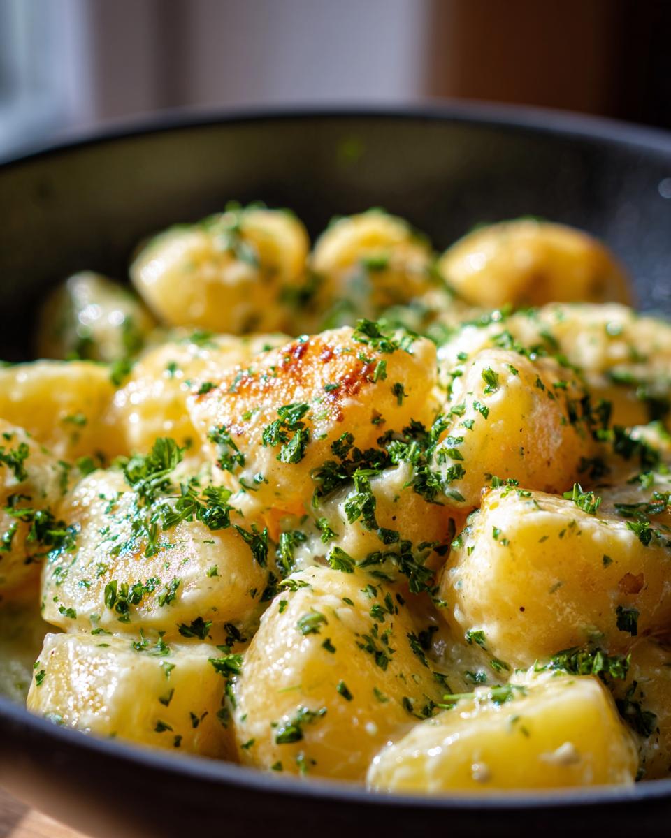 Close-up of Kartoffeln in Knoblauch Sahnesauce, showing potatoes in garlic cream sauce with parsley.