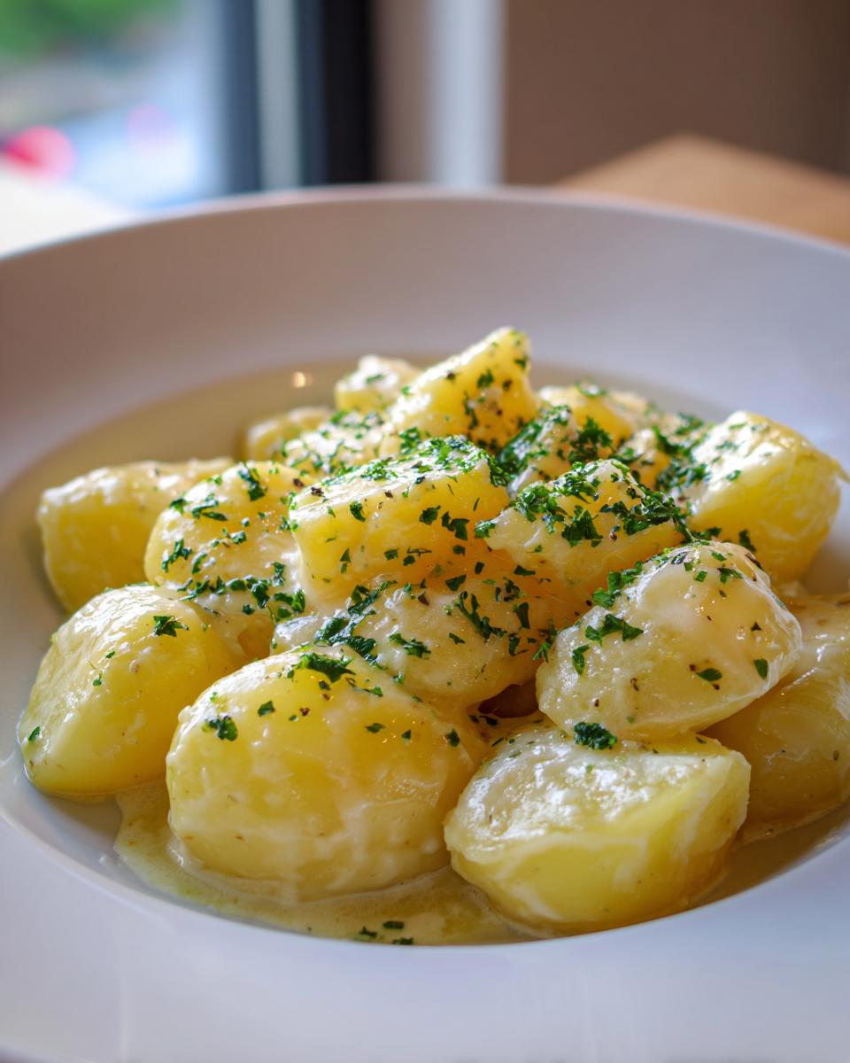 Close-up of Kartoffeln in Knoblauch Sahnesauce, featuring potatoes in a creamy garlic sauce, garnished with fresh parsley.