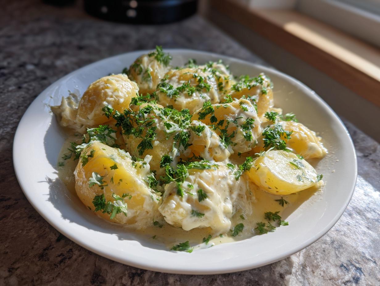 Close-up of Kartoffeln in Knoblauch Sahnesauce, featuring potatoes in a creamy garlic sauce, garnished with fresh parsley.