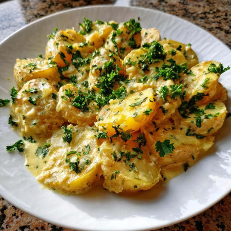 Delicious Kartoffeln in Knoblauch Sahnesauce, a German potato dish with creamy garlic sauce and fresh parsley.