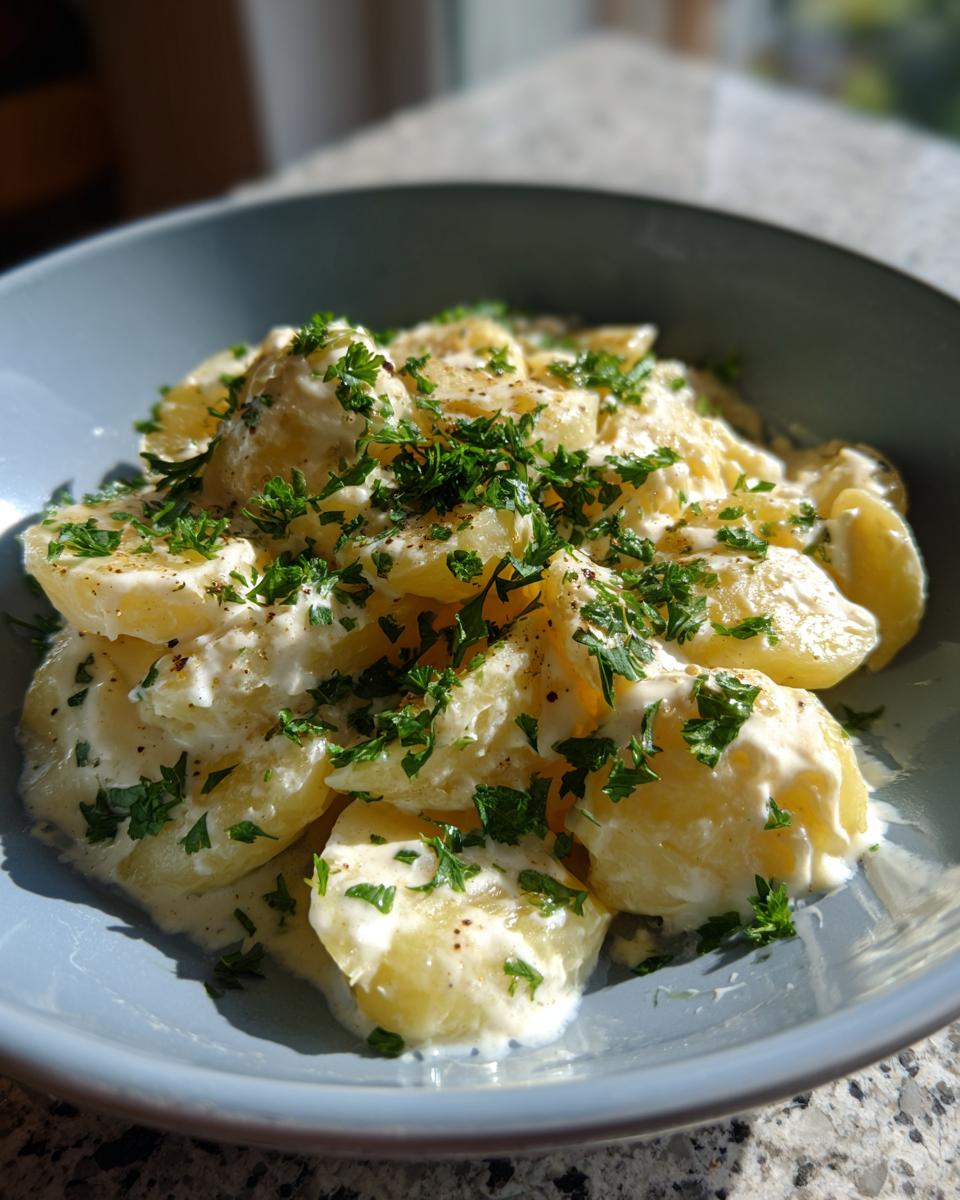 Close-up of Kartoffeln in Knoblauch Sahnesauce, showing creamy potatoes with parsley garnish in a blue bowl.