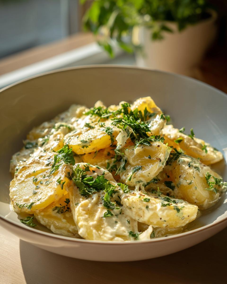 Bowl of Kartoffeln in Knoblauch Sahnesauce, garnished with fresh parsley. Creamy German potato salad.