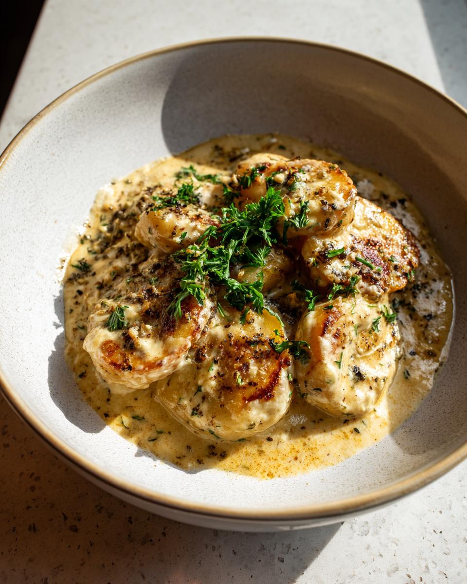 Close-up of Kartoffeln in Knoblauch Sahnesauce served in a bowl, garnished with fresh herbs.