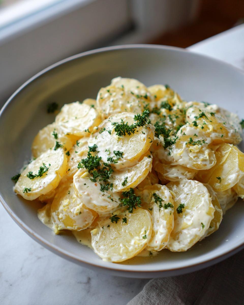 Bowl of Kartoffeln in Knoblauch Sahnesauce, garnished with fresh parsley. Creamy German potato salad.