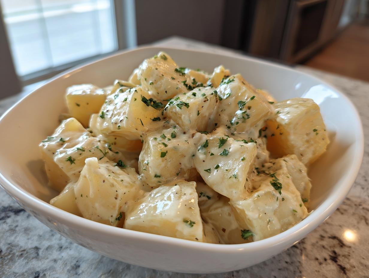 Close-up of Kartoffeln in Knoblauch Sahnesauce (potatoes in garlic cream sauce) served in a white bowl.