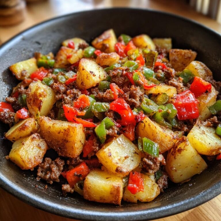 Kartoffelpfanne mit Hackfleisch, Paprika in einer schwarzen Schüssel. Einfaches Feierabendgericht.