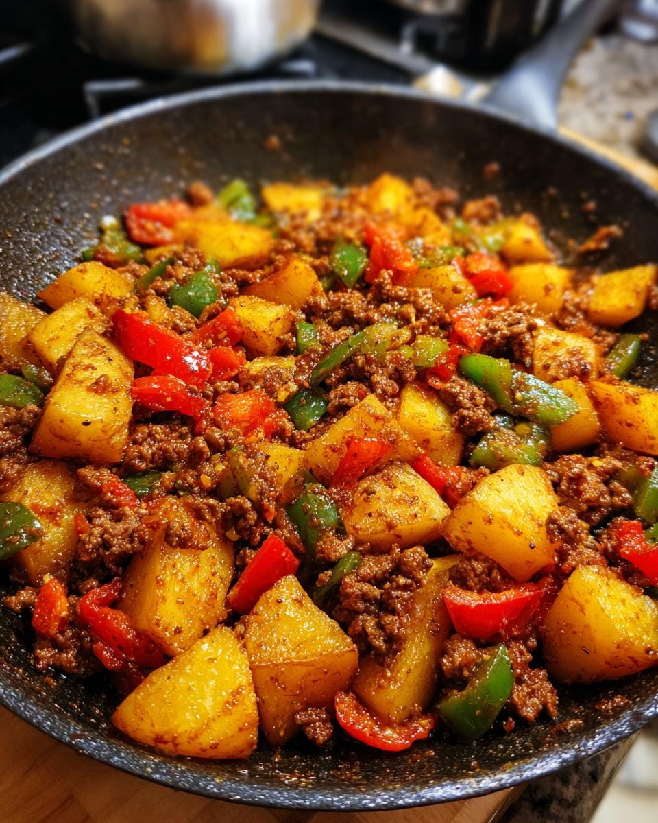 Kartoffelpfanne mit Hackfleisch, Paprika, und Kartoffeln in einer schwarzen Pfanne zubereitet.