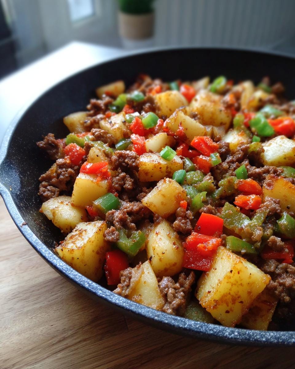 Kartoffelpfanne mit Hackfleisch, Paprika und Kartoffeln in einer schwarzen Pfanne serviert.