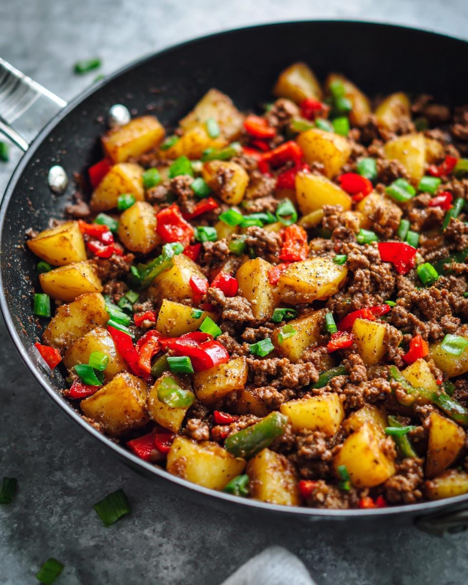 Close-up einer Kartoffelpfanne mit Hackfleisch, Paprika und Frühlingszwiebeln in einer schwarzen Pfanne.