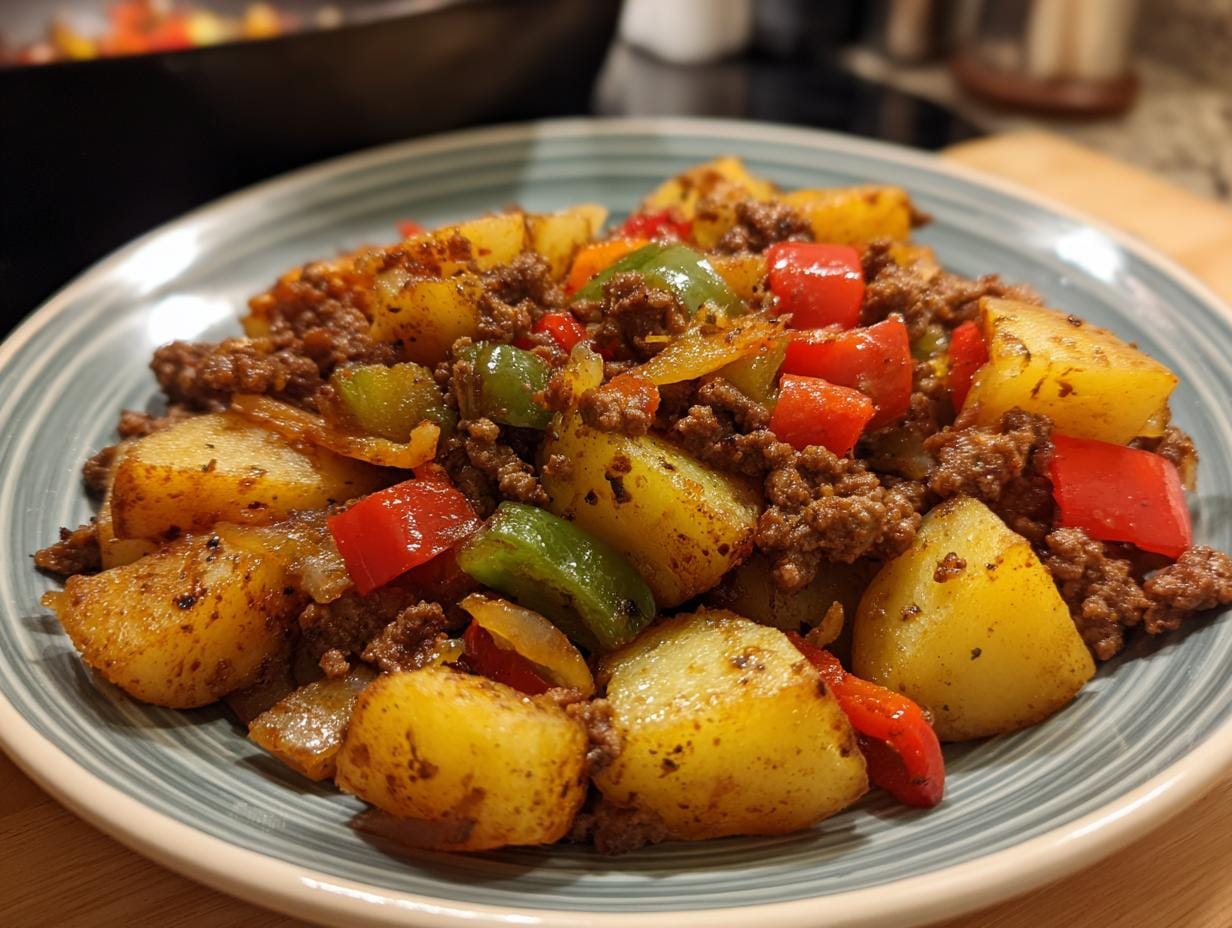 Kartoffelpfanne mit Hackfleisch, a German potato and ground meat dish, served on a plate with peppers.