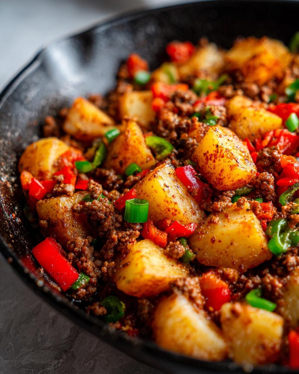Close-up of Kartoffelpfanne mit Hackfleisch, a German potato and ground meat skillet dish with peppers and scallions.