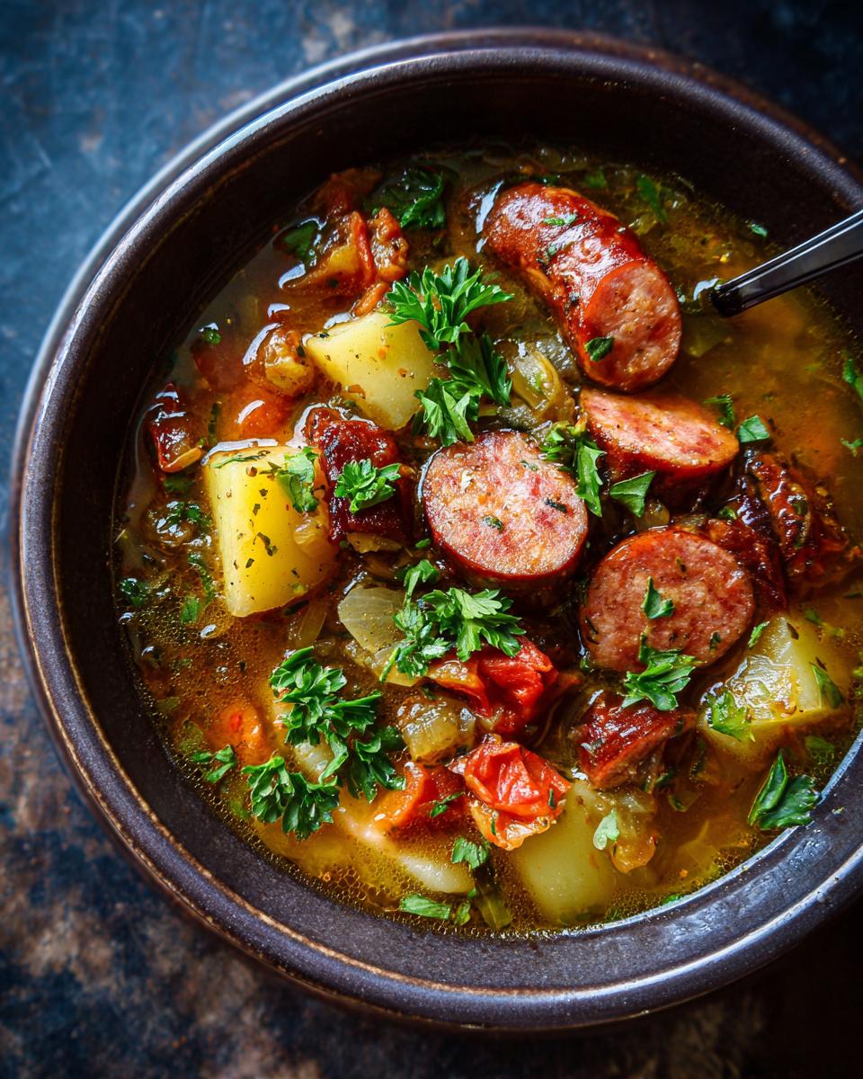 Overhead view of hearty Kartoffelsuppe, German potato soup with sausage and fresh parsley.