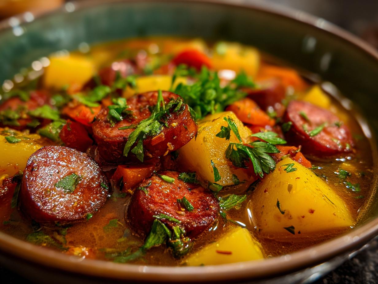 Bowl of Kartoffelsuppe, a German potato soup with sausage, potatoes, carrots, and parsley.