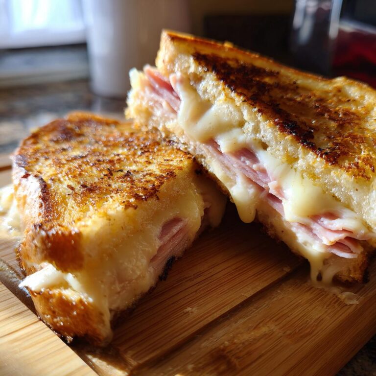 Close-up of a Käse-Schinken-Toasties cut in half, showing melted cheese and ham layers on toasted bread.