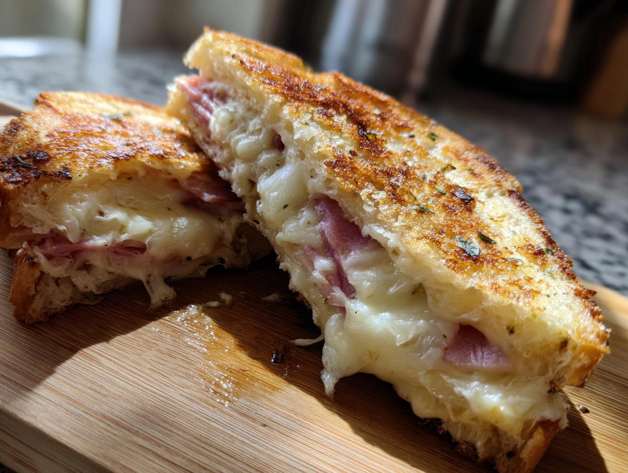 Two halves of a golden Käse-Schinken-Toasties sandwich with melted cheese and ham on a wooden board.