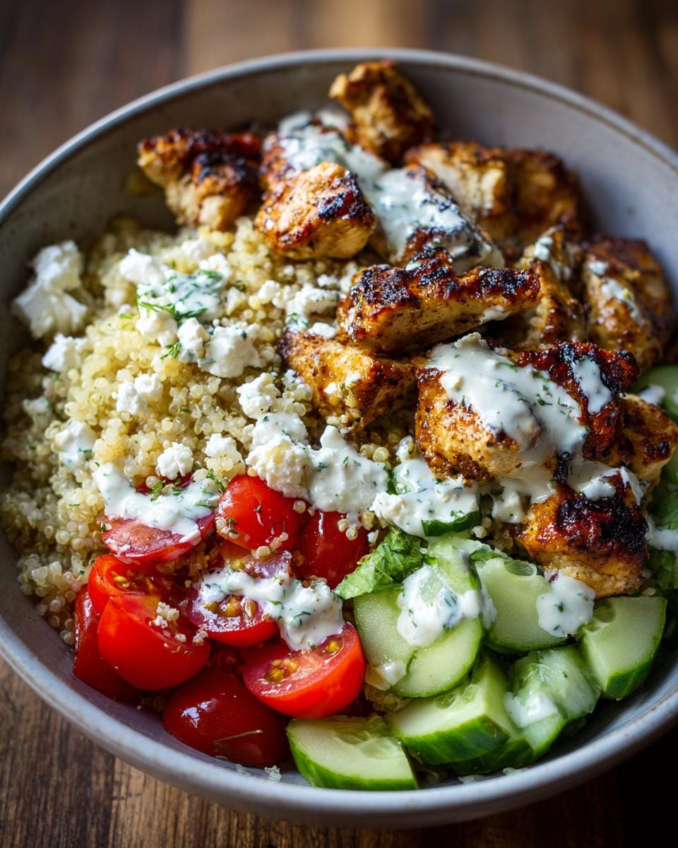 Nahaufnahme einer Kebab-Bowl mit hohem Eiweißgehalt, mit Hähnchen, Quinoa, Gemüse und Dressing.