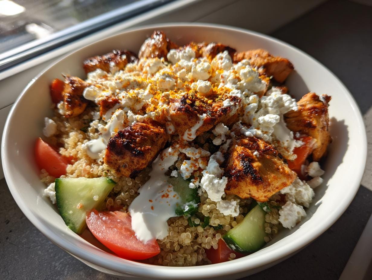 Kebab-Bowl mit hohem Eiweißgehalt, serviert mit Quinoa, Tomaten, Gurken und Feta-Käse.