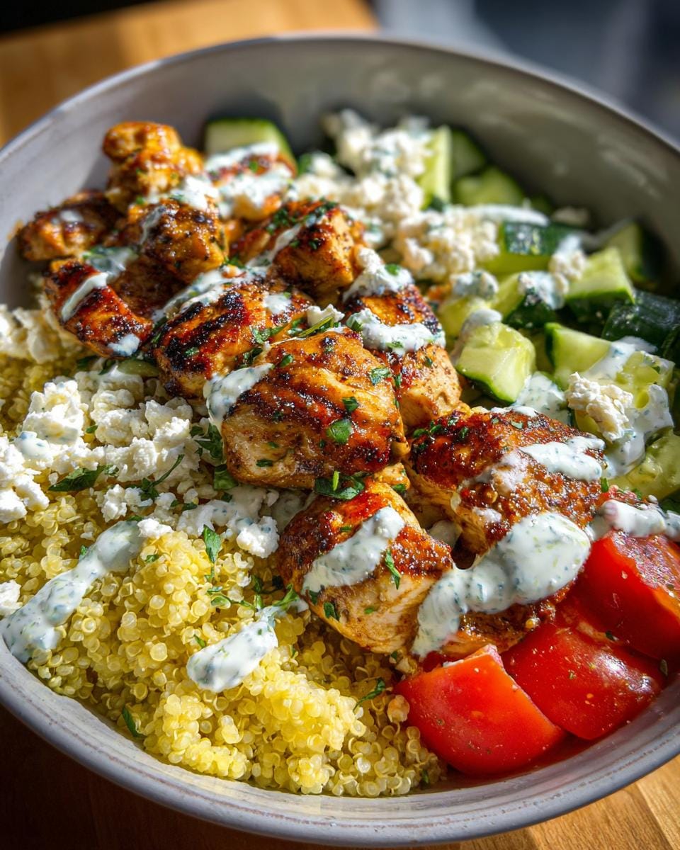 Kebab-Bowl mit hohem Eiweißgehalt, featuring grilled chicken, quinoa, feta, cucumber, tomato, and a creamy sauce.