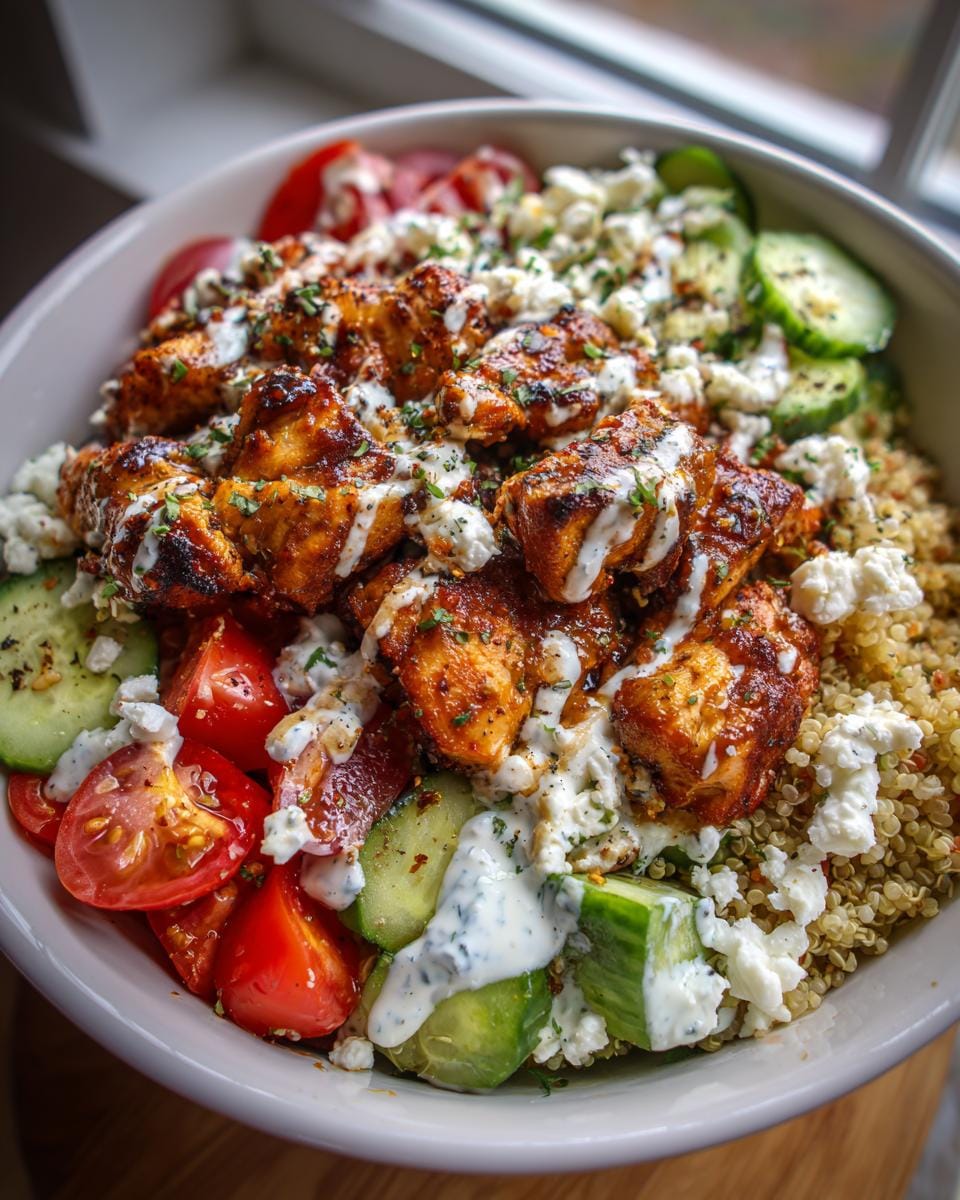 Close-up of a Kebab-Bowl mit hohem Eiweißgehalt, showing chicken, tomatoes, cucumbers, quinoa, and a creamy sauce.