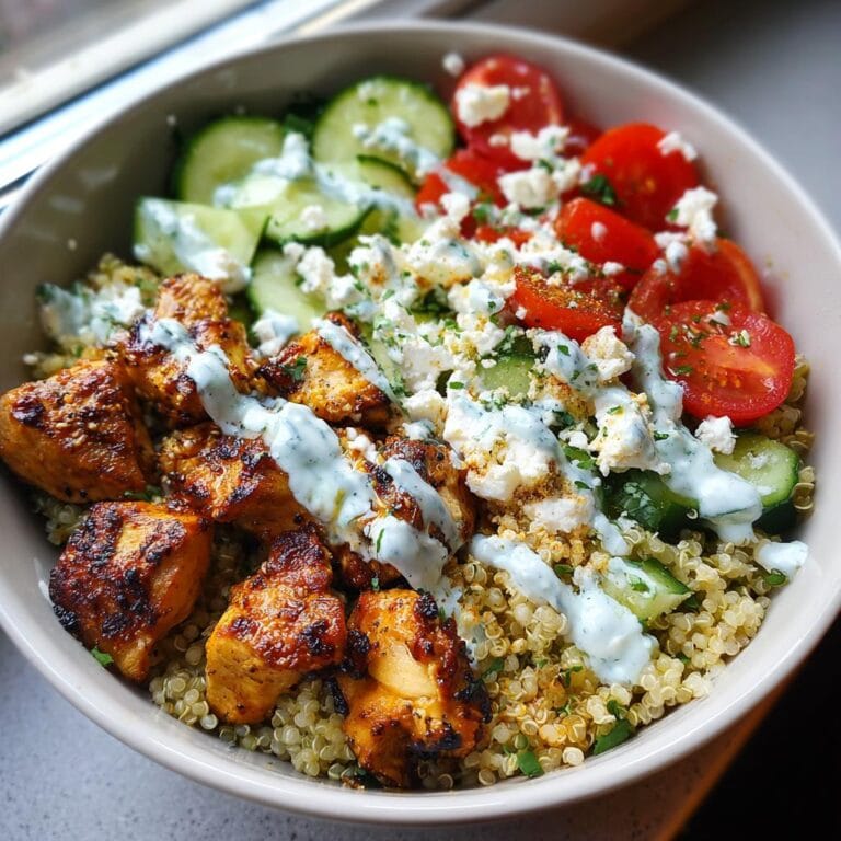 Close-up of a Kebab-Bowl mit hohem Eiweißgehalt featuring grilled chicken, quinoa, and fresh vegetables.