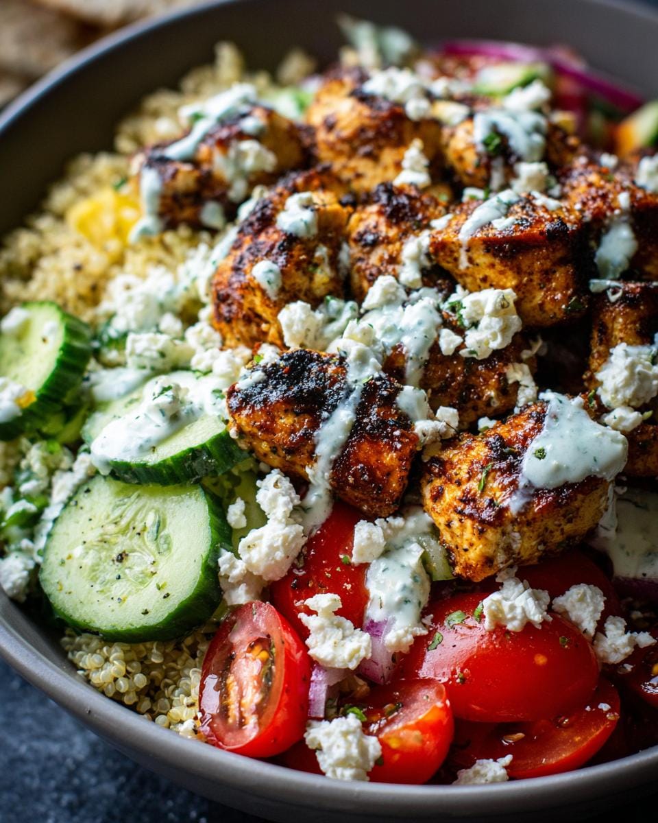 Close-up of a Kebab-Bowl mit hohem Eiweißgehalt featuring grilled kebab, quinoa, feta, tomatoes, and cucumber.