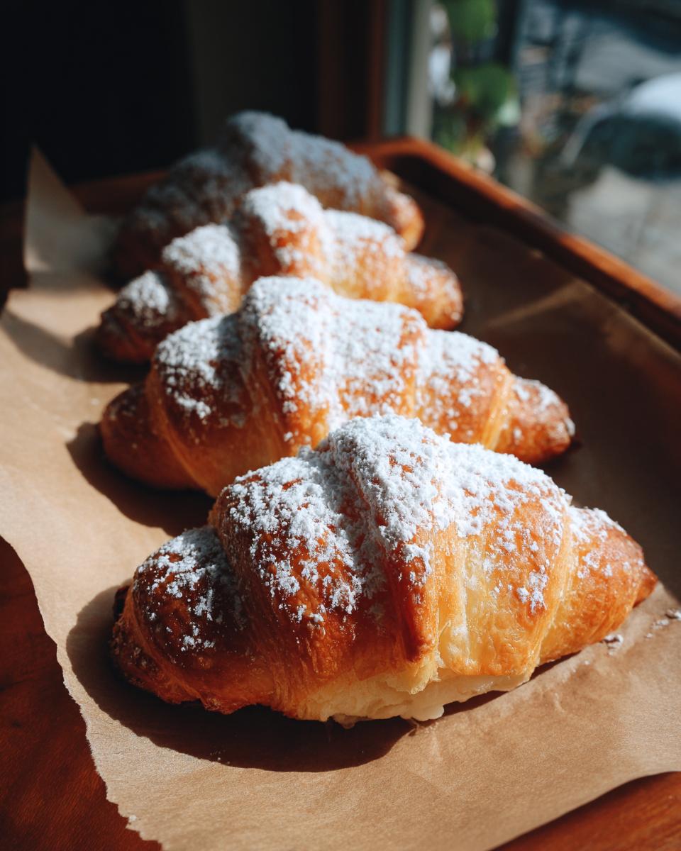 Close-up of Klassische Vanillekipferl cookies dusted with powdered sugar on a wooden tray.